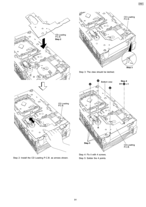 Page 91Step 2: Install the CD Loadin g P.C.B. as arrows shown.
Step 3: The claw should be latched.
Step 4: Fix it with 4 screws.
Step 5: Solder the 4 points.
91
CRS1 