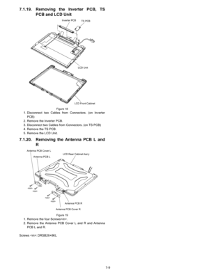 Page 27
7-9
7.1.19. Removing the Inverter PCB, TSPCB and LCD Unit
Figure 18
1. Disconnect two Cables from Connectors. (on Inverter
PCB)
2. Remove the Inverter PCB.
3. Disconnect two Cables from Connectors. (on TS PCB)
4. Remove the TS PCB.
5. Remove the LCD Unit.
7.1.20. Removing the Antenna PCB L and R
Figure 19
1. Remove the four Screws.
2. Remove the Antenna PCB Cover L and R and Antenna
PCB L and R.
Screws : DRSB26+8KL
LCD Unit
LCD Front Cabinet
Inverter PCB
TS PCB



LCD Rear Cabinet Ass’y
 Antenna PCB R...