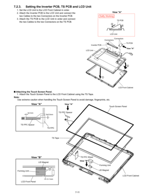 Page 29
7-11
7.2.3. Setting the Inverter PCB, TS PCB and LCD Unit
1. Set the LCD Unit to the LCD Front Cabinet in order.
2. Attach the Inverter PCB to the LCD Unit and connect thetwo Cables to the two Connectors on the Inverter PCB.
3. Attach the TS PCB to the LCD Unit in order and connect the two Cables to the two Connectors on the TS PCB.
n  Attaching the Touch Screen Panel.
1. Attach the Touch Screen Panel to the LCD Front Cabinet using the TS Tape.
Note: Use extreme caution when handling the Touch Screen...