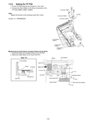 Page 41
7-23
7.2.9. Setting the TP PCB
1. Fix the TP PCB using the two Screws. No1, No2
2. Connect the three Cables to the three Connectors on theTP PCB (CN800, CN801, CN803).
Note: Tighten the Screws in the numbered order (No1, No2).
Screws : DRHM0002ZA
n  Attaching the Cable Sheet, Insulation Sheet and the Sheet
1. Attach the Sheet and Insulation Sheet on the TP PCB.
2. Attach the Cable Sheet on the Touch Pad FPC.
:No1

:No2
TP PCB
to Connector
(CN800)
to Connector
(CN801)  Connector CN801
 Connector CN800...