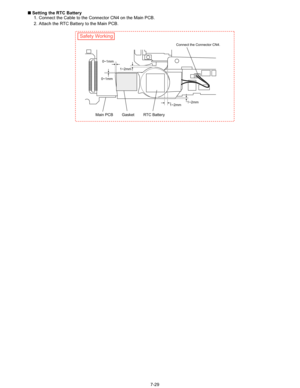 Page 47
7-29
n
 Setting the RTC Battery
1. Connect the Cable to the Connector CN4 on the Main PCB.
2. Attach the RTC Battery to the Main PCB.
Connect the Connector CN4.
RTC Battery
Gasket
Main PCB
0~1mm 0~1mm
1~2mm
1~2mm
1~2mm
Safety Working 