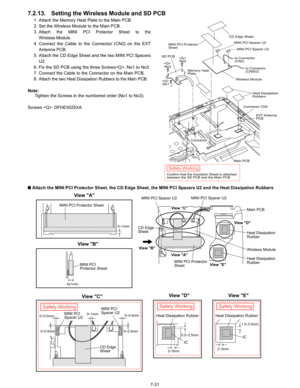 Page 49
7-31
7.2.13. Setting the Wireless Module and SD PCB
1. Attach the Memory Heat Plate to the Main PCB.
2. Set the Wireless Module to the Main PCB.
3.
Attach the MINI PCI Protector Sheet to the
Wireless Module.
4. Connect the Cable to the Connector (CN2) on the EXTAntenna PCB. 
5. Attach the CD Edge Sheet and the two MINI PCI Spacers U2.
6. Fix the SD PCB using the three Screws. No1 to No3
7. Connect the Cable to the Connector on the Main PCB.
8.
Attach the two Heat Dissipation Rubbers to the Main PCB....