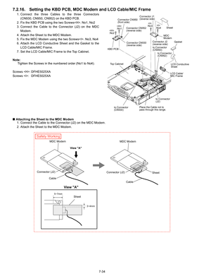 Page 52
7-34
7.2.16. Setting the KBD PCB, MDC Modem and LCD Cable/MIC Frame
1. Connect the three Cables to the three Connectors(CN930, CN950, CN952) on the KBD PCB.
2. Fix the KBD PCB using the two Screws. No1, No2
3. Connect the Cable to the Connector (J2) on the MDC Modem. 
4. Attach the Sheet to the MDC Modem.
5. Fix the MDC Modem using the two Screws. No3, No4
6. Attach the LCD Conductive Sheet and the Gasket to the LCD Cable/MIC Frame.
7. Set the LCD Cable/MIC Frame to the Top Cabinet.
Note: Tighten the...