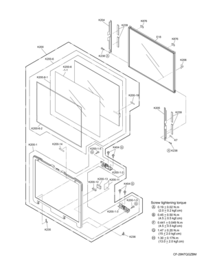 Page 62
CF-29NTQGZBM
E18K206
K205 K238
K200K200-6
K200-6-1
K200-6-2
K200-1
K235 K200-11
K404
K200-12 K200-13
K200-14
K200-1-5
K200-1-2
K200-1-3 K200-1-5
K200-6
-1-1
K236
K404
K204
K239
K238
K239
K200-19
K7
K876
K876
GAG
G
G
A
Screw tightening torque
        0.19 _ 0.02 N.m
         (2.0 _ 0.2 kgf.cm)
        0.45 _ 0.50 N.m
         (4.5 _ 0.5 kgf.cm)
        0.441 _ 0.049 N.m
         (4.5 _ 0.5 kgf.cm)
        1.47 _ 0.20 N.m
         (15 _ 2.0 kgf.cm)
        1.30 _ 0.17N.m
         (13.0 _ 2.0 kgf.cm)A
B
F...