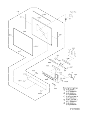 Page 63
CF-29NTQGZBM
E18E17Kapton Tape
E18-5
E18-3
E18-4
E18-6
E18-7
E18-6
E18-7
E18-1
E18-10
E18-10
E18-8
K225
K249
K248
K237
E5
K237
K877
K230
K261
K260
E16
K875
K874
K877
K237
K878Screw tightening torque
         0.19 _ 0.02 N.m
         (2.0 _ 0.2 kgf.cm)
         0.45 _ 0.05 N.m
         (4.5 _ 0.5 kgf.cm)
         0.216 _ 0.0196 N.m
         (2.2 _ 0.2 kgf.cm)
         0.314 _ 0.0196 N.m
         (3.2 _ 0.2 kgf.cm)
         0.49 _ 0.05 N.m
         (5.0 _ 0.5 kgf.cm)A
B
C
D
E +
+
+
+
+
+
+
+
+
+ 