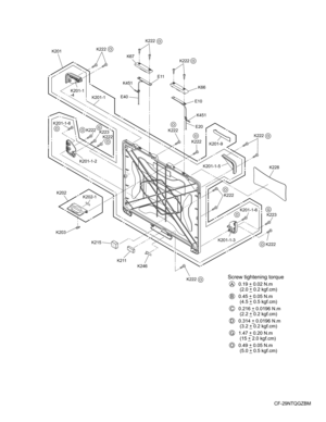 Page 64
CF-29NTQGZBM
K222K66
K67
E40 K451
K451
E11
E20
K222
K222
K222
K201-1-6 K201-1
-4
K201-1
K201
K201-1-2
K202 K202-1
K203 K222
K222
K223
K228
K201-9
K201-1-5
K222K201-1-6 K223
K222
K201-1-3
K222
E10
K215
K211
K246
K222
K222
O
O
O
O
OG
O
O
O
O
OOG
O
O
Screw tightening torque
        0.19 _ 0.02 N.m
         (2.0 _ 0.2 kgf.cm)
        0.45 _ 0.05 N.m
         (4.5 _ 0.5 kgf.cm)
        0.216 _ 0.0196 N.m
         (2.2 _ 0.2 kgf.cm)
        0.314 _ 0.0196 N.m
         (3.2 _ 0.2 kgf.cm)
        1.47 _ 0.20...