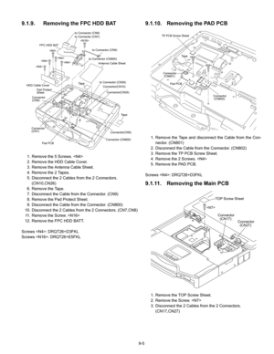 Page 279-5
9.1.9. Removing the  FPC HDD BAT
1. Remove the 5 Screws. 
2. Remove the HDD Cable Cover.
3. Remove the Antenna Cable Sheet.
4. Remove the 2 Tapes.
5. Disconnect the 2 Cables from the 2 Connectors. 
(CN10,CN26)
6. Remove the Tape.
7. Disconnect the Cable from the Connector. (CN9)
8. Remove the Pad Protect Sheet.
9. Disconnect the Cable from the Connector. (CN800)
10. Disconnect the 2 Cables from the 2 Connectors. (CN7,CN8) 11. Remove the Screw. 
12. Remove the FPC HDD BATT.
Screws : DRQT26+D3FKL...