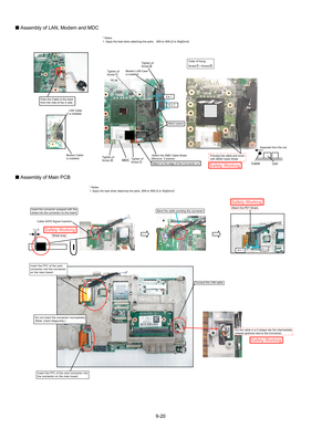 Page 429-20
Q
 Assembly of LAN, Modem and MDC
Q  Assembly of Main PCB
Safety Working 
MDC
5    1
15    1
Tighten of 
Screw  
Tighten of 
Screw  
Tighten of 
Screw   Tighten of 
Screw  
LAN Cable 
is installed.
Modem Cable 
is installed. Modem LAN Case
is installed.
Cable
Coil
Attach the DMD Cable Sheet
Order of fixing
Screw Screw
* Notes:
1. Apply the load when attaching the parts.   20N to 30N (2 to 3Kgf)/c\
m2
Pass the Cable to the back 
from the hole of the A side. (Remove  2 places)Match to the edge of the...
