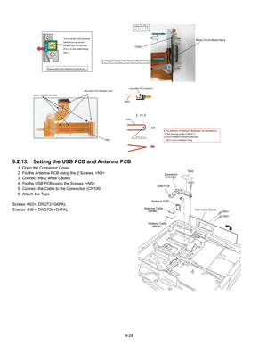 Page 469-24
9.2.13. Setting the USB PCB and Antenna PCB
1. Open the Connector Cover.
2. Fix the Antenna PCB using the 2 Screws. 
3. Connect the 2 white Cables.
4. Fix the USB PCB using the Screws. 
5. Connect the Cable to the Connector. (CN100)
6. Attach the Tape.
Screws : DRQT2+G6FKL
Screws : DRQT26+D4FKL
FPC
The attention of folding   : Breakage countermeasure.
1,The bending inside is R0.5   1
2,Don’t mistake a bending direction. Don’t use a mistaken thing.
(R0.5   1)
NGOK
Figure seen from direction of arrow...