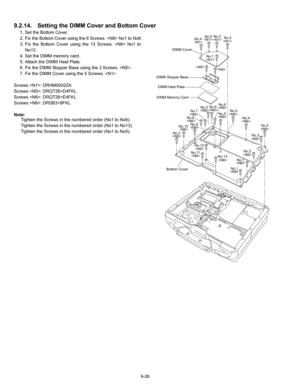 Page 489-26
9.2.14. Setting the DIMM  Cover and Bottom Cover
1. Set the Bottom Cover.
2. Fix the Bottom Cover using the 6 Screws.  No1 to No6
3. Fix the Bottom Cover using the 13 Screws.  No1 to
No13
4. Set the DIMM memory card.
5. Attach the DIMM Heat Plate.
6. Fix the DIMM Stopper Base using the 2 Screws. 
7. Fix the DIMM Cover using the 5 Screws. 
Screws : DRHM0002ZA
Screws : DRQT26+D4FKL
Screws : DRQT26+E4FKL
Screws : DRSB3+8FKL
Note: Tighten the Screws in the numbered order (No1 to No6).
Tighten the Screws...