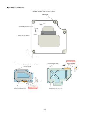 Page 499-27
Q
 Preparation of DIMM Cover
LCD Cable Cover is set Keyboard Cable Cover is installed
Attach the LCD Cable Cover Cushion Attach the Keyboard Cable Cover Cushion
Safety Working 
Safety Working 
Attach the CD Edge Sheet Attach the CD Edge Sheet
4    6mm
4    6mm
0    1mm
1.5    2.5mm
* Notes:
1. Apply the load when attaching the attaching parts. 20N to 30N (2 to \
3Kgf)/cm2
0    0.5mm
0    0.5mm
0    0.5mm
0    0.5mm
DIMM Cover is set
Attach the DIMM Cover Cushion
Attach the DIMM Cover Spacer
*...