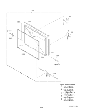 Page 64CF-30CTQAZxx
E35-5
E35-10E35-8
E35-7
K56
E7
K54
E15
E35-9 E35-10
E35-3 E35-3
E35-4
E35-4E35-6
E35-2
E35
E35-1
Screw 
tightening  torque
          0.19 _ 0.02  N.m
          (2.0 _ 0.2  kgf.cm)
          0.45 _ 0.05  N.m
          (4.5 _ 0.5  kgf.cm)
          0.216  _ 0.0196  N.m
          (2.2 _ 0.2  kgf.cm)
          0.314  _ 0.0196  N.m
          (3.2 _ 0.2  kgf.cm)
          0.49 _ 0.05  N.m
          (5.0 _ 0.5  kgf.cm)A
B
C
D
E +
+
+
+
+
+
+
+
+
+
A
A
10-6 