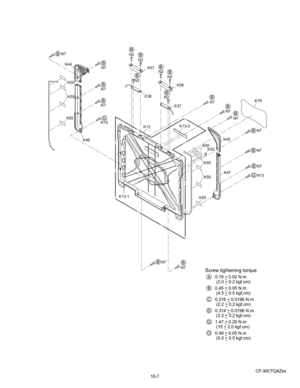 Page 65CF-30CTQAZxx
N2N2
N2N2
N2
E36 K57
K58
E37
N2
N7N7N7
N7N13
K79
K45 K47
N7
N7
N7
N7
K44
K55
K46 K13-1
N7N7
BB
N7N7
B
N13
K55
K55
K55
K55
K13-2
K52
K55
K55
K13
Screw  tightening  torque
         0.19  _ 0.02  N.m
          (2.0 _ 0.2  kgf.cm)
         0.45  _ 0.05  N.m
          (4.5 _ 0.5  kgf.cm)
         0.216  _ 0.0196  N.m
          (2.2 _ 0.2  kgf.cm)
         0.314  _ 0.0196  N.m
          (3.2 _ 0.2  kgf.cm)
         1.47  _ 0.20  N.m
          (15 _ 2.0  kgf.cm)
         0.49  _ 0.05  N.m...