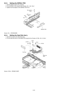 Page 389-15
9.2.3. Setting the SERIAL PCB
1. Set the SERIAL PCB to the computer. 
2. Fix the SERIAL PCB using the two Screws . No1, No.2
3. Tighten the Hex Spacer to the SERIAL PCB. No.3
Screw  : DFHE5035ZB
9.2.4. Setting the  Heat Sink Ass’y
1. Set the Fan Duct to the Heat Sink Ass’y.
2. Fix the Heat Sink Ass’y to the MAIN PCB using the four Screws . No.1 to No.4
Screw  : DRHM0119ZAT

 Hex spacer
SERIAL PCB
:No.1:No.2:No.3

Fan duct 
Heat sink
assy:No.1
:No.2 :No.3
:No.4 