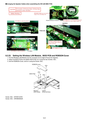 Page 649-41
■
Arranging the Speaker Cables when assembling the SW LED MDC PCB.
9.2.23. Setting the Wireless LAN Modul e,  BIOS PCB and ROBSON Cover
1. Put the Wireless LAN Module into the con nector at an angle of fourty-five degrees.
2. Attach the BIOS PCB to the MAIN HIGH  PCB, fix it using the two Screws .
3. Set the ROBSON Cover, and fix it using the Screw .
Screw  : DFHE5122YA
Screw  : DRHM0065ZA
 
Wireless
LAN module Cables
(Gray and blue)
ROBSON cover

BIOS PCB 