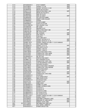 Page 75K114DFHG2034ZB-0
FOOT RUBBER NRP 1
K115 DFHE1089ZA
GASKET-3-3-65 NRP 1
K116 DFHE1088ZA
GASKET-65TSV2.5-1.5-20 NRP 1
K117 DFHR6342ZB
MODELAN HOLDER-1 1
K118 DFMX1311ZA
INSULATION SHEET LAN NRP 1
K119 DFHR6343ZB
MODELAN HOLDER-2  1
K120 DFHM0430ZA
KBD LID PLATE 1
K121 DFHR3G76ZB
KBD LID SHEET NRP 1
K122 DFHR6344ZB
SC EJECTER DUMMY  1
K123 DFMD7B33ZC
SMART CARD HOLDER 1
K124 DXHM0040ZA
SCREW 2
K125 DFGX0487ZD-0
COVER DUMMY 1
K126 DFMC0884ZA
EARTH PLATE MP 1
K127 DFHD14H001ZA
HEX SPACER （13.6) 1
K128...