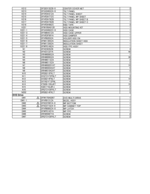 Page 76K212DFGE0132ZB-0
CENTER COVER NET  2
K213 DFGX0493ZA-0
TILT PANEL  1
K214 DFHR3H21ZA
TILT PANEL SHEET  1
K215 DFHR3H77ZC
TILT PANEL WP SHEET   1
K216 DFHR3H78ZB
TILT PANEL WP SHEET B  1
K217 DFHR3H79ZB
TILT PANEL WP SHEET C  1
K218 DFHR3H99ZC
KBD TAPE  3
K221 DFWV99A0120
HDD MOUNTING KIT 1
K221-1 DFGX0492ZC-0
HDD CASE   1
K221-3 DFHM0431ZA
HDD CASE UPPER  1
K221-4 DFHR3F99YA
HDD DAMPER  1
K221-5 DFHR6203ZA
HOLDER HDD CN  1
K221-6 DFMX1305ZA
INSULATION SHEET HDD   1
K221-7 DFMX1330ZA
INSULATION SHEET  1...