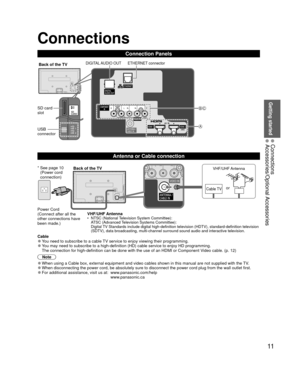 Page 1111
Getting started
 Connections Accessories/Optional Accessories
BC
A
 Connections
Connection Panels
Power Cord
(Connect after all the 
other connections have 
been made.)VHF/UHF Antenna
•  NTSC (National Television System Committee):
ATSC (Advanced Television Systems Committee):
Digital TV Standards include digital high-definition television (HDTV), standa\
rd-definition television 
(SDTV), data broadcasting, multi-channel surround sound audio and inte\
ractive television.
Back of the TV
Cable TV...