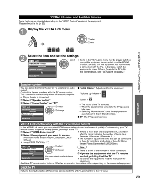 Page 2929
 VIERA Link
TM “HDAVI Control
TM”
Advanced
 VIERA Link menu and Available features
Some features are disabled depending on the “HDAVI Control” version of the equipment. 
Please check the list (p. 25)
Display the VIERA Link menu
 select
 next
Select the item and set the settings
Recorder
TV
VIERA Link control
Speaker output
Back to TV
select• Items in the VIERA Link menu may be grayed out if no 
compatible equipment is connected (must be HDAVI 
Control 2 or later) or if the equipment has not initiated...