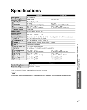 Page 4747
Support Information
 Specifications
TC-P42XT50TC-P50XT50
Power Source AC 120 V, 60 Hz
Power Consumption
(Rated power / Standby power)219 W / 0.3 W 272 W / 0.3 W
Display PanelPanel SystemPlasma Display panel
Screen size 42 ” class 
(41.9 inches measured diagonally) 50 ” class 
(49.9 inches measured diagonally)
W × H × Diagonal 36.5 ” × 20.5 ” × 41.9 ”
(928 mm × 522 mm × 1,065 mm) 43.5 ” × 24.4 ” × 49.9 ”
(1,105 mm × 622 mm × 1,268 mm)
Number of pixels 1,024 × 768 
Speaker Output 20 W [10 W + 10 W] (10...