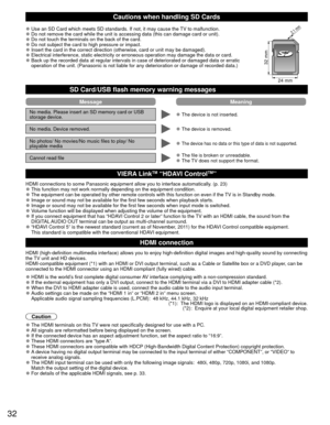 Page 3232
Cautions when handling  SD Cards
2.1 mm
32 mm
24 mm
 
●Use an SD Card which meets SD standards. If not, it may cause the TV to malfunction. 
●Do not remove the card while the unit is accessing data (this can damag\
e card or unit). 
●Do not touch the terminals on the back of the card. 
●Do not subject the card to high pressure or impact. 
●Insert the card in the correct direction (otherwise, card or unit may b\
e damaged). 
●Electrical interference, static electricity or erroneous operation may d\...
