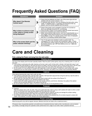 Page 1414
Frequently Asked Questions (FAQ)
Care and Cleaning
First, unplug the Power cord plug from the wall outlet.
Display panel
The front of the display panel has been specially treated. Wipe the panel surface gently using only a cleaning cloth or a soft, lint-
free cloth.
  If the surface is particularly dirty, after cleaning up the dust, soak a soft, lint-free cloth in diluted, mild liquid dish soap (1 part 
mild liquid dish soap diluted by 100 times the amount of water), and then wring the cloth to remove...