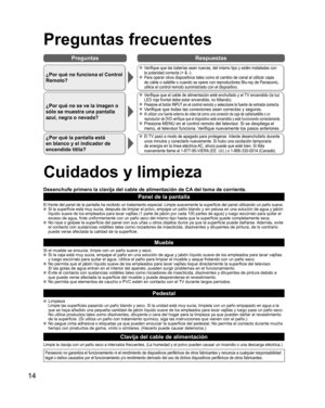 Page 3814
Preguntas Respuestas
  Preguntas frecuentes
¿Por qué no funciona el Control 
Remoto?
 Verifique que las baterías sean nuevas, del mismo tipo y estén instaladas con 
la polaridad correcta (+ & -).
 Para operar otros dispositivos tales como el cambio de canal al utilizar cajas 
de cable o satélite o cuando se opere con reproductores Blu-ray de Panasonic, 
utilice el control remoto suministrado con el dispositivo.
¿Por qué no se ve la imagen o 
sólo se muestra una pantalla 
azul, negra o nevada?...