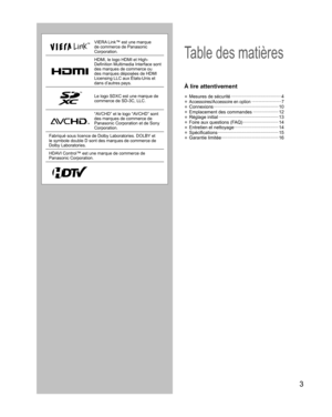 Page 513
VIERA Link™ est une marque 
de commerce de Panasonic 
Corporation.
HDMl, le logo HDMI et High-
Definition Multimedia Interface sont 
des marques de commerce ou 
des marques déposées de HDMI 
Licensing LLC aux États-Unis et 
dans d’autres pays.
Le logo SDXC est une marque de 
commerce de SD-3C, LLC.
“AVCHD” et le logo “AVCHD” sont 
des marques de commerce de 
Panasonic Corporation et de Sony 
Corporation.
Fabriqué sous licence de Dolby Laboratories. DOLBY et 
le symbole double D sont des marques de...