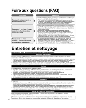 Page 6214
Questions Réponses
Foire aux questions (FAQ)
Pourquoi la télécommande ne 
fonctionne-t-elle pas?
  Vérifiez l’état des piles et assurez-vous qu’elles soient du même type 
et que la polarité (+, -) a été respectée.
  Pour piloter les fonctions d’autres appareils, tel le changement de 
canal sur un câblosélecteur ou un récepteur de télévision par satellite 
ou encore un lecteur Blu-ray d’une marque autre que Panasonic, 
utilisez la télécommande fournie avec l’appareil en question.
Pourquoi n’y a-t-il...