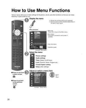 Page 3030
 
How to Use Menu Functions
Various menus allow you to make settings for the picture, sound, and othe\
r functions so that you can enjoy 
watching TV best suited for you.
 Press to exit from a menu screen
 Press to go back to the previous 
screen
 
Display the menu
  Shows the functions that can be adjusted.  Some functions will be disabled depending on  the type of input signal.
Edit
RETURN
ABC Delete
abc
Menu
RGBY
1 @.4 GHI7 PQRS2ABC5 JKL8 TUV3 DEF6MNO9 WXYZ0 - ,LASTChangeSelect
Select or enter the...