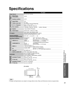 Page 4141
Support Information
 Specifications
 Care and Cleaning
 Specifications
TC-L32C3
Power Source AC 1
 10-127 V, 60 Hz
Power 
ConsumptionRated Power 
Consumption 106 W
Standby condition 0.3 W
Display panelAspect Ratio16:9
Visible screen size
(W × H × Diagonal)
(No. of pixels) 32” class 
(31.5 inches measured diagonally)
27.5 ” × 15.4 ” × 31.5 ”
(698 mm × 392 mm × 800 mm)
1,049,088 (1,366 (W) x 768 (H))       [4,098 x 768 dots]
SoundSpeaker
1-way 2 bottom SP System
Audio Output 20 W [10 W + 10 W] (10 %...