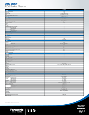 Page 203/12 Specifications subject to change without notice. 
2012 viera®
U50 Series Plasma
TC-P50U50
DISPLAY
Screen Size Diagonal (inches) 49.9
Aspect Ratio 16:9
Number of Pixels 2,073,600 (1,920 x 1,080)
Panel G15 Progressive Full-HD Plasma
HDTV Display Capability (1080p, 1080i, 720p) Y
Aspect Control 4:3, Just, Zoom, Full, H-fill
PICTURE
Shades of Gradation 6,144 equivalent
Fast Switching Phosphor Y
Filter —
Panel Drive 600 Hz Sub-Field Drive
24p Playback (3:2) / 24p Smooth Film Y / —
24p Cinematic Playback...