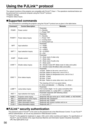 Page 5656
Using the PJLink™protocol
The network functions of the projector are compatible with PJLink™Class 1. The operations mentioned below can
be performed from a personal computer using the PJLink™protocol.
• Projector settings
• Projector status inquiry
Supported commands
The commands for controlling the projector using the PJLink™protocol are as given in the table below.
PJLink™security authentication
The password used in PJLink™is the same as the password set in the Web Browser Control. To use PJLink™...