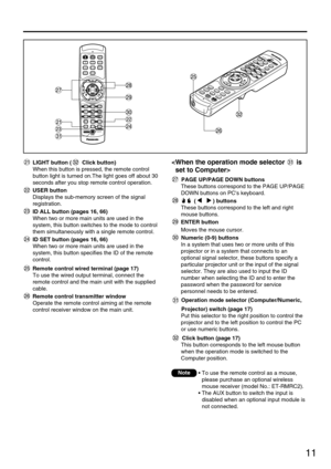 Page 1111
LIGHT button ( Click button)
When this button is pressed, the remote control
button light is turned on.The light goes off about 30
seconds after you stop remote control operation.
USER button
Displays the sub-memory screen of the signal
registration.
ID ALL button (pages 16, 66)
When two or more main units are used in the
system, this button switches to the mode to control
them simultaneously with a single remote control.
ID SET button (pages 16, 66)
When two or more main units are used in the
system,...