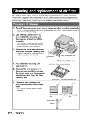 Page 112112 – ENGLISH
 
Cleaning and replacement of air filter
If the air filter is blocked with too much dust, the inside of the projector will become hot and the temperature 
monitor (TEMP) indicator will flash and the power will turn off. The static electric mesh filter should be replaced 
and the metal mesh filter and brush inside the filter unit should be cleaned after approximately 2 000 hours of use, 
although this is a guide only and the actual time will vary depending on the operating conditions....