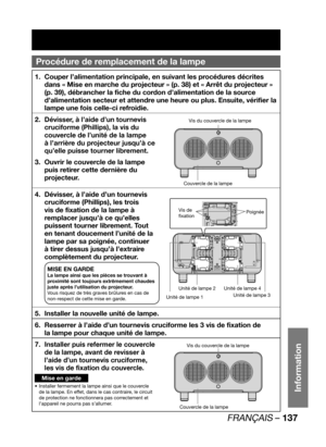 Page 137FRANÇAIS – 137
Information
Procédure de remplacement de la lampe
Couper l’alimentation principale, en suivant les procédures décrites  1. 
dans « Mise en marche du projecteur » (p. 38) et « Arrêt du projecteur » 
(p. 39), débrancher la fiche du cordon d’alimentation de la source 
d’alimentation secteur et attendre une heure ou plus. Ensuite, vérifier la 
lampe une fois celle-ci refroidie.
Dévisser, à l’aide d’un tournevis 2. 
cruciforme (Phillips), la vis du 
couvercle de l’unité de la lampe 
à l’arrière...