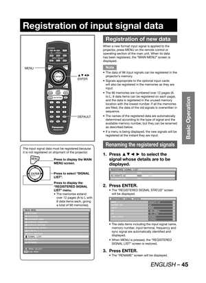 Page 45ENGLISH – 45
Basic Operation
Registration of input signal data
The input signal data must be registered because 
it is not registered on shipment of the projector.
MENUPress to display the MAIN 
MENU screen.
Press to select “SIGNAL 
LIST”.
Press to display the 
“REGISTERED SIGNAL 
LIST” menu.
The memories extend  • 
over 12 pages (A to L with 
8 data items each, giving 
a total of 96 memories).
ENTER
MAIN MENU
 PICTURE
 POSITION
 ADVANCED MENU
 DISPLAY LANGUAGE
 DISPLAY OPTION
 PROJECTOR SETUP
  P IN P...