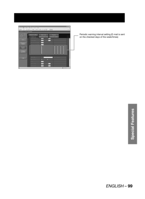 Page 99ENGLISH – 99
Special Features
Periodic warning interval setting (E-mail is sent 
on the checked days of the week/times) 