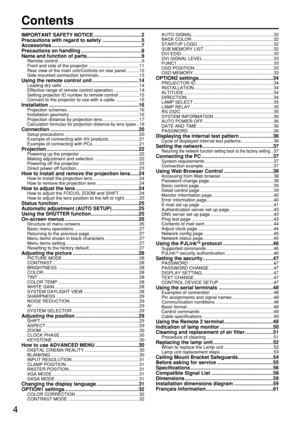 Page 44
Contents
IMPORTANT SAFETY NOTICE ..................................2
Precautions with regard to safety ............................5
Accessories ................................................................7
Precautions on handling ...........................................8
Name and function of parts.......................................9
Remote control ..................................................................9
Front and side of the projector ........................................11...