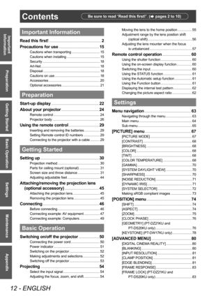 Page 12Contents
12 - ENGLISH
Important 
Information
Preparation
Getting Started
Basic Operation
Settings
Maintenance
Appendix
Important Information
Read this first!      2
P
recautions for use
      15
Cautions when transporting     15
Cautions when installing
      15
Security
      18
Art-Net
      18
Disposal
      18
Cautions on use
      18
Accessories
      20
Optional accessories
      21
Preparation
Start-up display     22
About your projector
      24
Remote control     24
Projector body
      26
Using...