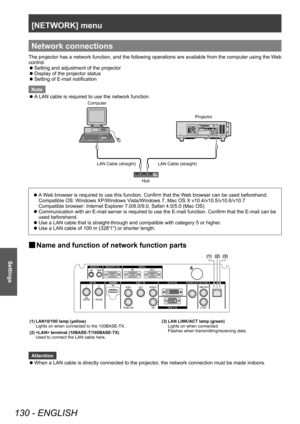 Page 130[NETWORK] menu
130 - ENGLISH
Settings
Network connections
The projector has a network function, and the following operations are available from the computer using the Web 
control.
 zSetting and adjustment of the projector
 zDisplay of the projector status
 zSetting of E-mail notification
Note
 z A

 LAN cable is required to use the network function.
&RPSXWHU
3URMHFWRU
/$1&DEOHVWUDLJKW /$1&DEOHVWUDLJKW
+XE
 z A Web browser is required to use this function. Confirm that the Web browser can be used...