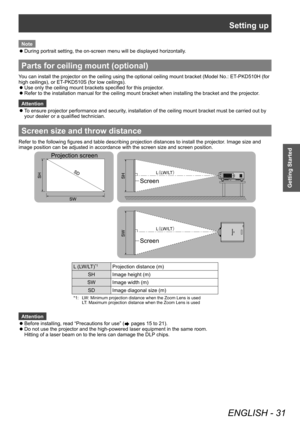 Page 31Setting up
ENGLISH - 31
Getting Started
Note
 zDuring portrait setting, the on-screen menu will be displayed horizontally
.
Parts for ceiling mount (optional)
You can install the projector on the ceiling using the optional ceiling mount bracket (Model No.: ET-PKD510H (for 
high ceilings), or ET-PKD510S (for low ceilings).
 zUse only the ceiling mount brackets specified for this projector

.
 zRefer to the installation manual for the ceiling mount bracket when installing the bracket and the projector
....