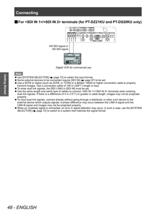 Page 48Connecting
48 - ENGLISH
Getting Started
▶■For / terminals (for PT-DZ21KU and PT-DS20KU only)
+6,VLJQDORU
66,VLJQDO
LJLWDO9&5IRUFRPPHUFLDOXVH
Note
 zUse [SYSTEM SELECT

OR] (
 page 72) to switch the input format.
 zSome external devices to be connected require [SDI IN] ( page 97) to be set.
 zUse a 5CFB or higher (such as 5CFB, or 7CFB) or a Belden 1694A

 or higher connection cable to properly 
transmit images. Use a connection cable of 100 m (328'1") length or less.
 z T

o enter...