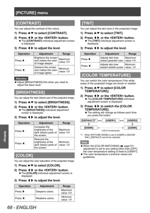 Page 68[PICTURE] menu
68 - ENGLISH
Settings
[CONTRAST]
You can adjust the contrast of the colors.
1) Press ▲▼ to select [CONTRAST].
2)  
Press  ◀▶ or the  button.
▶z
The  [CONTRAST] individual adjustment screen 
is displayed.
3) Press ◀▶ to adjust the level.
Operation Adjustment Range
Press  ▶. Brightens the screen 
and makes the color 
of image deeper. Maximum 
value +31
Press  ◀. Darkens the screen 
and makes the color 
of image lighter. Minimum 
value –31
Attention
 z Adjust [BRIGHTNESS] first when you need...