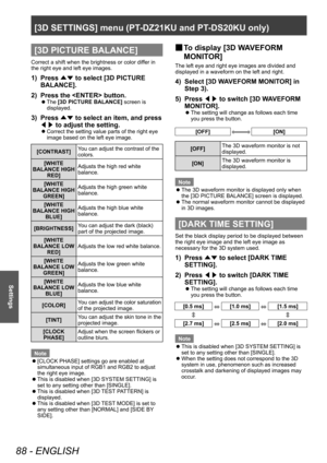 Page 88[3D SETTINGS] menu (PT-DZ21KU and PT- DS20KU only)
88 - ENGLISH
Settings
[3D PICTURE BALANCE]
Correct a shift when the brightness or color differ in 
the right eye and left eye images.
1) Press 
▲▼ to select [3D PICTURE 
BALANCE].
2)
 
Press the  button.
▶z The  [3D PICTURE BALANCE]
 screen is 
displayed.
3) Press  ▲▼ to select an item, and press 
◀▶  to adjust the setting.
▶z
Correct the setting value parts of the right eye 
image based on the left eye image.
[CONTRAST] You can adjust the contrast of...