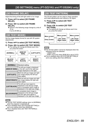 Page 89[3D SETTINGS] menu (PT-DZ21KU and PT- DS20KU only)
ENGLISH - 89
Settings
[3D FRAME DELAY]
Adjust the timing of the left-right switch of an image.
1) Press 
▲▼ to select [3D FRAME 
DELA Y].
2)
 
Press  ◀▶ to switch [3D FRAME 
DELA

Y].
▶zValues in the following range change by units of 
10 us.
0 us to 25 000 us
[3D TEST MODE]
Set the image display format for use with 3D system 
adjustments.
1) Press  ▲▼ to select [3D TEST MODE].
2)  
Press  ◀▶ to switch [3D TEST MODE].
▶z
The setting will change as...