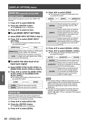 Page 96[DISPLAY OPTION] menu
96 - ENGLISH
Settings
[RGB IN] (supported during RGB 
signal input only)
Set to match the signal to input to the  
terminal.
1) Press  ▲▼ to select [RGB IN].
2)  
Press the  button.
▶z The  [RGB IN] screen is displayed.
3) Press 
▲▼ to select an item.
▶■To set [RGB1 INPUT SETTING]
4) Select [RGB1 INPUT SETTING] in Step 3).
5) Press 
◀▶ to switch [RGB1 INPUT 
SETTING].
▶z The setting will change as follows each time 
you press the button.
[RGB/YPBPR][Y/C]
[RGB/YPBPR] Select when...