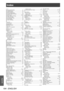 Page 184Index
184 - ENGLISH
Appendix
Index
0 – 9[3D COLOR MATCHING]    87
[3D FRAME DELAY]     89
[3D INPUT FORMAT]     87
[3D PICTURE BALANCE]     88
[3D SAFETY PRECAUTIONS]     90
[3D SETTINGS]     65, 85
[3D SIMUL INPUT SETTING]     86
[3D SYNC SETTING]     85
[3D SYSTEM SETTING]     85
[3D TEST MODE]     89
[3D TEST PATTERN]     89AAccessories    20
 terminal     26, 50
Adjustable feet     44
[ADVANCED MENU]     65, 80
Air filter unit     148
Air filter unit compartment     150
Art-Net     18, 162
[Art-Net...