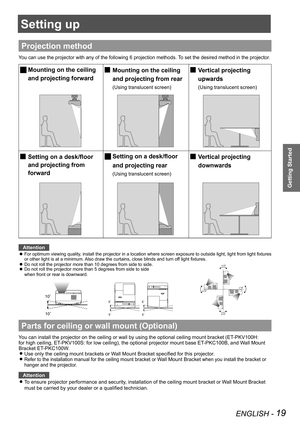 Page 19ENGLISH - 19
Getting Started
Setting up
Projection method
You can use the projector with any of the following 6 projection methods. To set the desired method in the projector.
 JMounting on the ceiling 
and projecting forward
Mounting on the ceiling  J
and projecting from rear
(Using translucent screen)
Vertical projecting  J
upwards
(Using translucent screen)
Setting on a desk/floor  J
and projecting from 
forward
 JSetting on a desk/floor 
and projecting rear
(Using translucent screen)
Vertical...