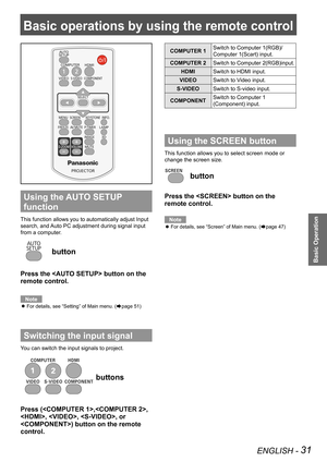 Page 31ENGLISH - 31
Basic Operation
Basic operations by using the remote control
Using the AUTO SETUP 
function
This function allows you to automatically adjust Input 
search, and Auto PC adjustment during signal input 
from a computer.
 button
Press the  button on the 
remote control.
Note
For details, see “Setting” of Main menu. ( zÆpage 51)
Switching the input signal
You can switch the input signals to project.
 buttons
Press (,, 
, , , or 
) button on the remote 
control.
COMPUTER 1Switch to Computer...